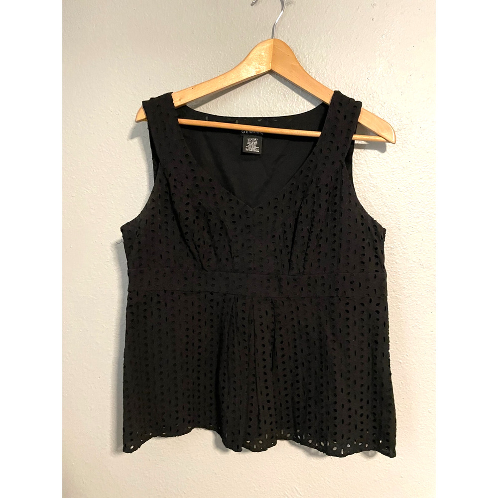 George Womens Tank Top Size Large Black Floral Eyelet Babydoll Whimsigoth Y2K